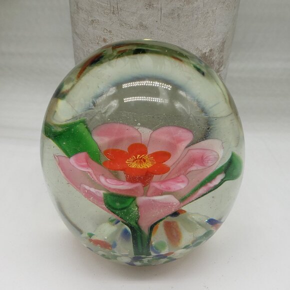 Pink Flower Green Stem Multicoloured End of Day Bottom Art Glass Paperweight - Picture 1 of 5